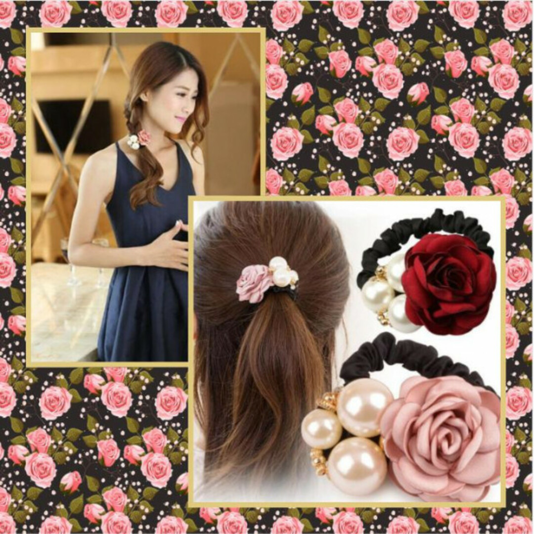 ヘアゴム ローズ パール ピンク 花 韓国 パーティー バラ ブライダル 薔薇 レディースのヘアアクセサリー(ヘアゴム/シュシュ)の商品写真