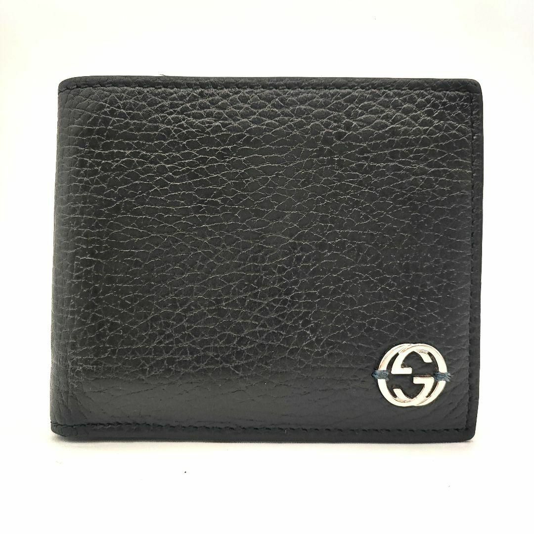 人気✨GUCCI バイカラー 二つ折り財布 インターロッキング シボ革 黒×青