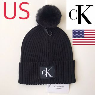 カルバンクライン(Calvin Klein)のレア【新品】カルバンクライン USA ポンポン ファー ニット帽 黒(ニット帽/ビーニー)