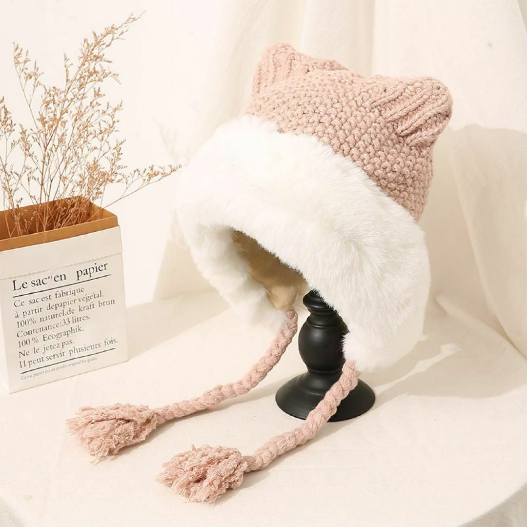 猫耳 ニット帽 ピンク 小顔効果 帽子 ビニー あったか かわいい レディースの帽子(ニット帽/ビーニー)の商品写真