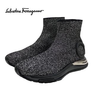 フェラガモ(Ferragamo)のフェラガモ FERRAGAMO スニーカー 靴 シューズ ブラック シルバー ソックススニーカー ガンチーニ ラメ ニット(スニーカー)