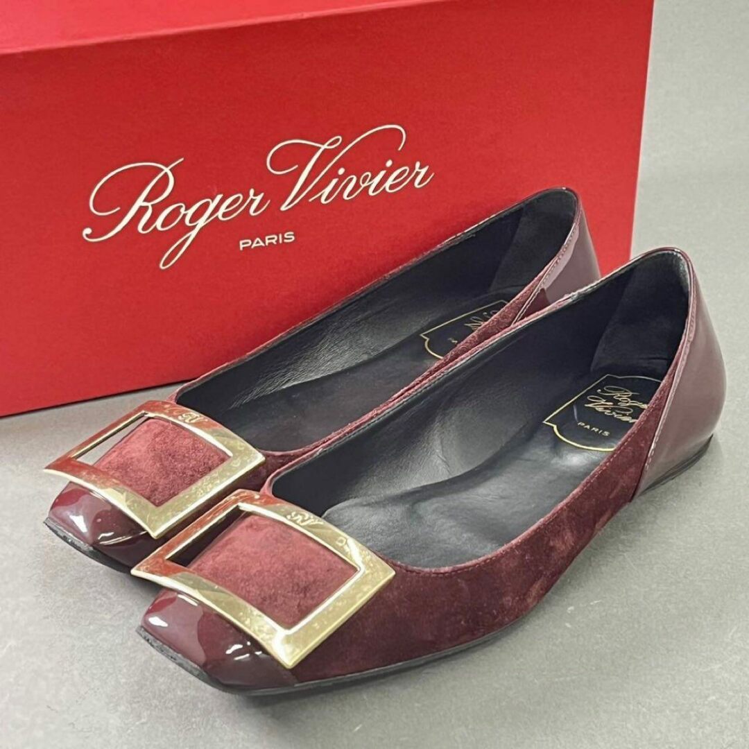 ROGER VIVIER(ロジェヴィヴィエ)の3e15 《美品》 ROGER VIVIER ロジェヴィヴィエ バックル フラットパンプス 35 ボルドー レザー スエード シューズ イタリア製 箱付属 レディースの靴/シューズ(バレエシューズ)の商品写真