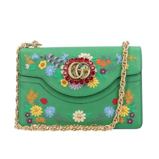 グッチ(Gucci)のグッチ フローラル キャット ショルダーバッグ コットンリネン 499617 213317 グリーン レディース GUCCI  中古(ショルダーバッグ)