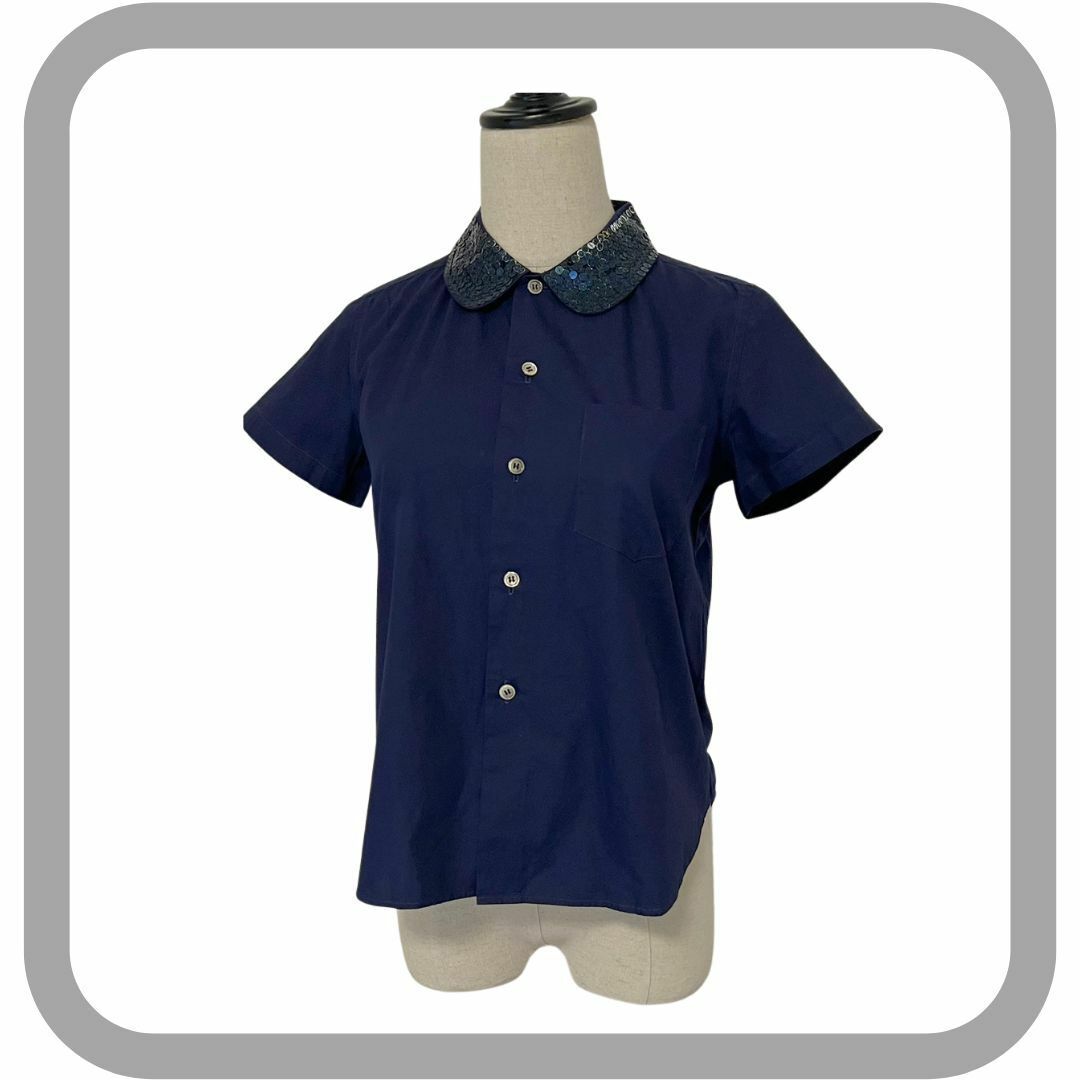 tricot COMME des GARCONS(トリココムデギャルソン)のトリコ コムデギャルソン スパンコール襟半袖シャツ ネイビー カジュアルおしゃれ レディースのトップス(シャツ/ブラウス(半袖/袖なし))の商品写真