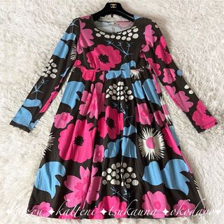 マリメッコ(marimekko)のマリメッコ ロングワンピース 花柄 総柄 ユニッコ フレア 黒 ピンク S(ロングワンピース/マキシワンピース)