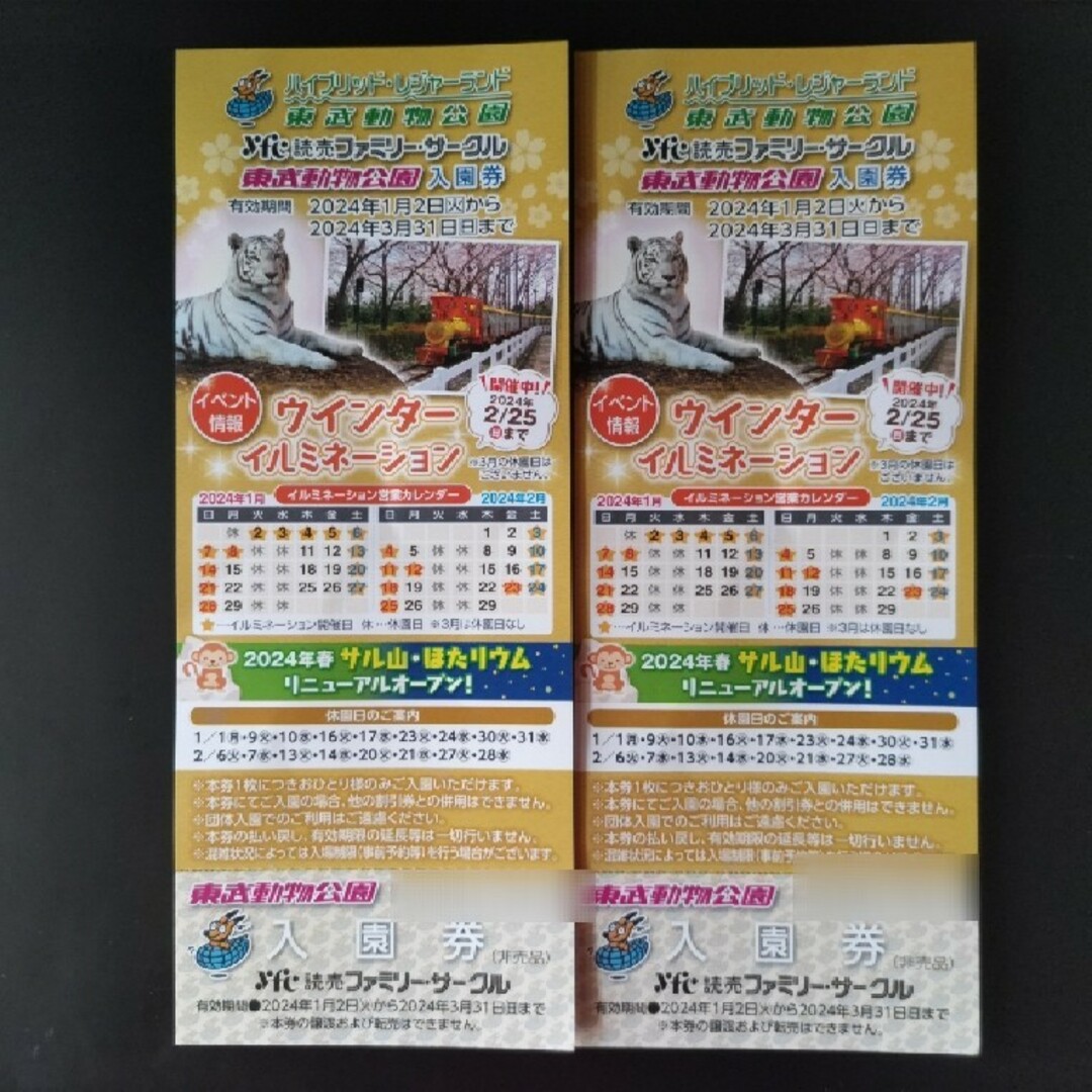 東武動物公園入園券２枚 チケットの施設利用券(動物園)の商品写真