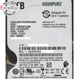 ウェスタンデジタル(Western Digital)のWestern Digital製HDD　WD60PURZ　6TB SATA600 5400　0～100時間以内(PC周辺機器)