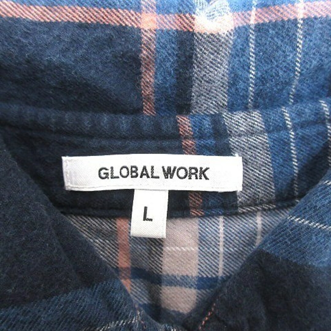 GLOBAL WORK(グローバルワーク)のグローバルワーク ステンカラーシャツ ブラウス チェック 長袖 L 青 ブルー レディースのトップス(シャツ/ブラウス(長袖/七分))の商品写真