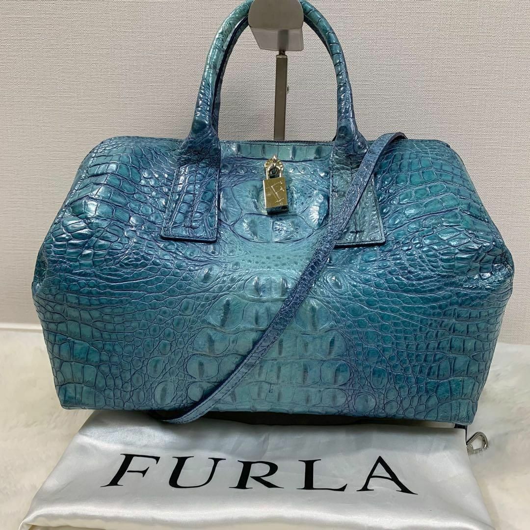 Furla(フルラ)のレア✨　フルラ　2way ミニボストンバッグ　クロコ型押し　クラウン　ブルー レディースのバッグ(ボストンバッグ)の商品写真
