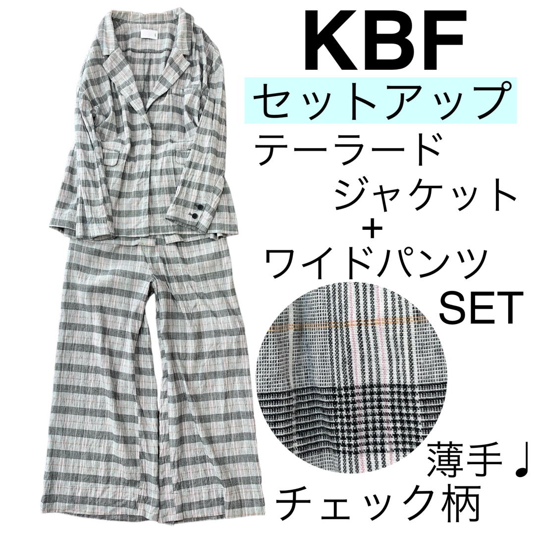 KBF(ケービーエフ)のKBFケービーエフ/チェック柄セットアップテーラードジャケットワイドパンツ薄手 レディースのジャケット/アウター(テーラードジャケット)の商品写真