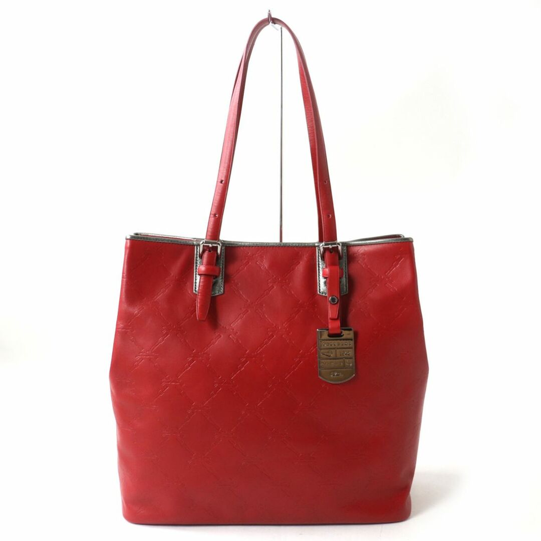 LONGCHAMP(ロンシャン)の美品☆LONGCHAMP ロンシャン LM キュイール ポーチ・チャーム付き ロゴ刻印 レザー トートバッグ レッド 赤 フランス製 レディース レディースのバッグ(トートバッグ)の商品写真