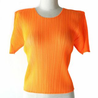 プリーツプリーズイッセイミヤケ(PLEATS PLEASE ISSEY MIYAKE)の極美品☆正規品 PLEATS PLEASE プリーツプリーズ イッセイミヤケ PP06-JK404 メッシュ地 半袖カットソー ネオンオレンジ 3 日本製(カットソー(半袖/袖なし))