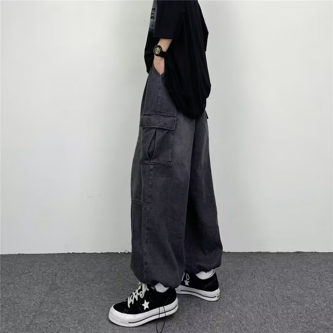 デニム パンツ ワイドパンツ　カーゴパンツ　ヒップホップ ストリート系 B系 黒 メンズのパンツ(ワークパンツ/カーゴパンツ)の商品写真