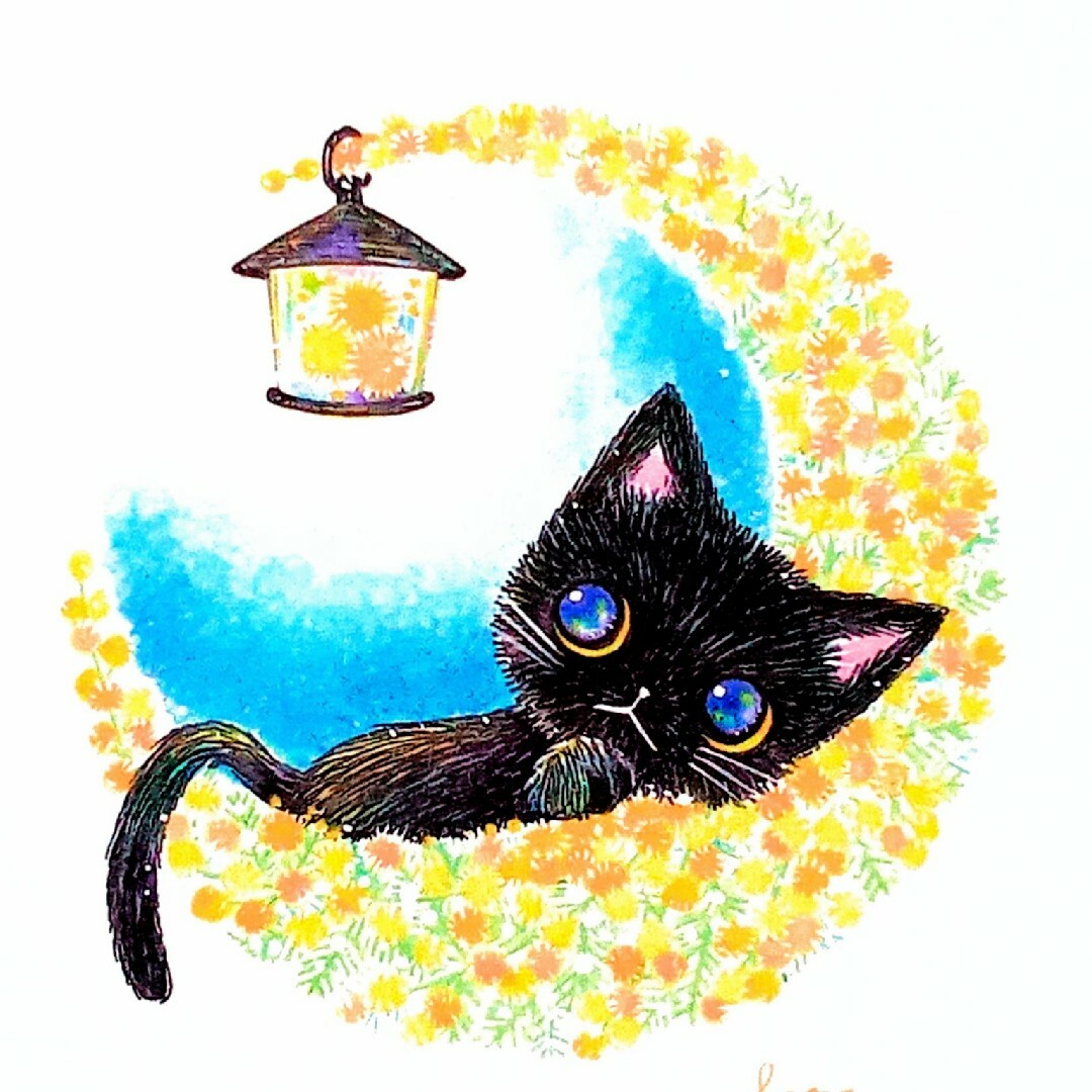 【ハンドメイドポストカード２枚組】黒猫とミモザの月舟 ハンドメイドの文具/ステーショナリー(カード/レター/ラッピング)の商品写真