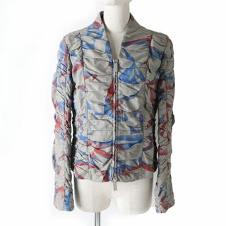 ジョルジオアルマーニ(Giorgio Armani)の美品☆正規品 GIORGIO ARMANI ジョルジオアルマーニ ギャザーデザイン ZIP UP ラムレザー ジャケット グレー×マルチカラー 44 イタリア製(その他)