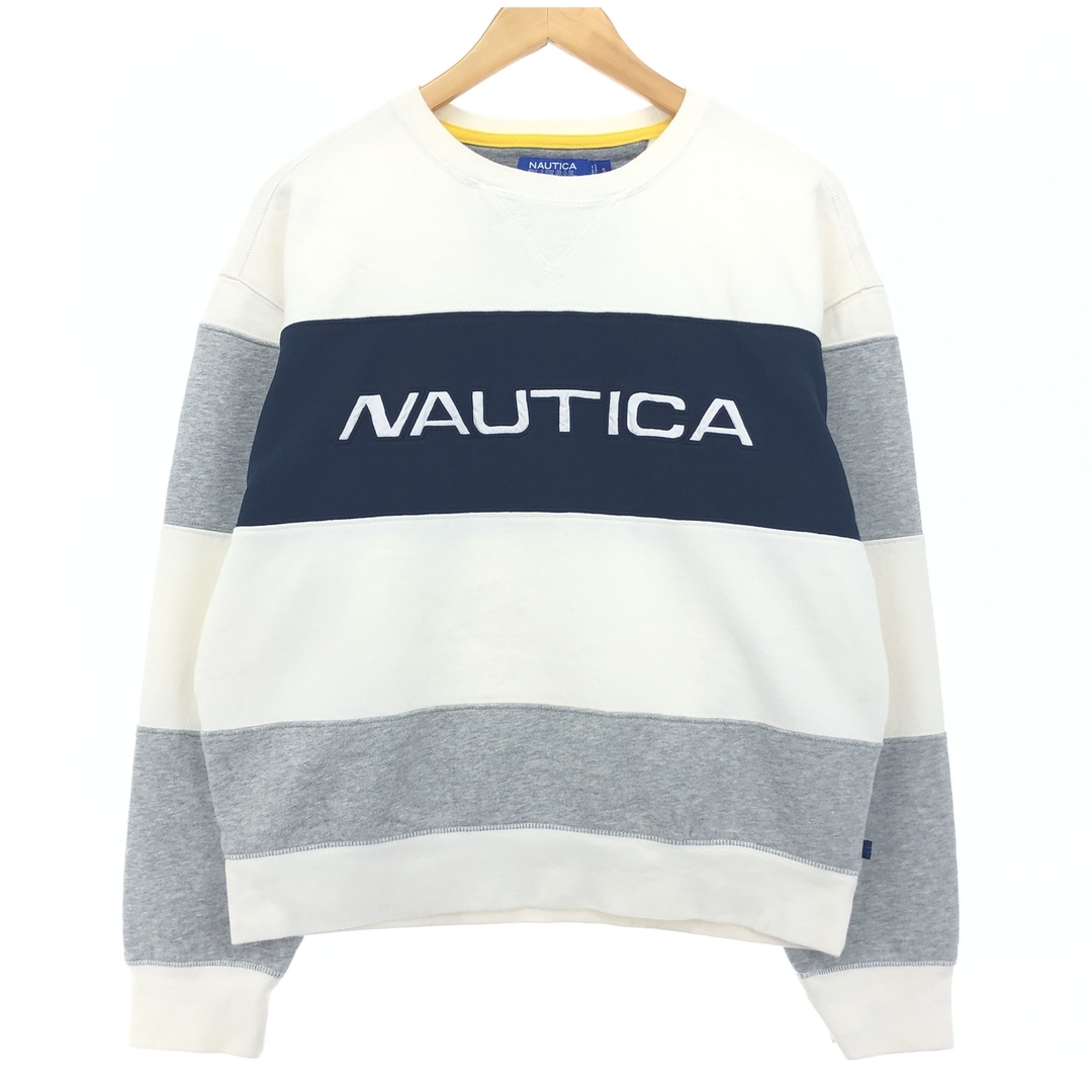 NAUTICA(ノーティカ)の古着 ノーティカ NAUTICA BLUE SAIL ボーダー柄 ロゴスウェットシャツ トレーナー メンズS /eaa416772 メンズのトップス(スウェット)の商品写真