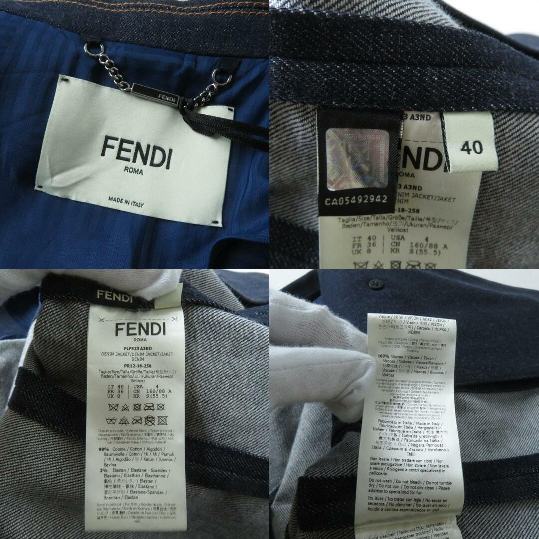 FENDI(フェンディ)の未使用品★正規 FENDI フェンディ FLF523 ロゴ刺繍入り 袖ミンクファー付 ダブルブレスト デニムジャケット インディゴ×茶 40 伊製 タグ付 レディースのジャケット/アウター(テーラードジャケット)の商品写真