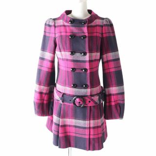 バーバリーブルーレーベル(BURBERRY BLUE LABEL)の極美品★正規品 バーバリーブルーレーベル E1B11-246 ロゴボタン付き ノーカラー 裾フリル ウールコート レディース ピンク 38 ベルト付き(その他)