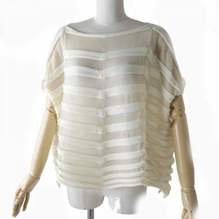 イッセイミヤケ(ISSEY MIYAKE)の極美品★正規品 イッセイミヤケ JELLy KNIT 22SS IM21KN 透かし編み ボーダー 変形デザイン 半袖ニット トップス アイボリー 2 日本製(ニット/セーター)