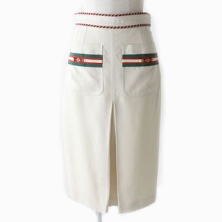 グッチ(Gucci)の極美品★正規品 GUCCI グッチ 575663 ホースビット金具付き シルク混 ひざ丈 スカート アイボリー×ウェブライン 36 イタリア製(ひざ丈スカート)