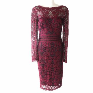 タダシショウジ(TADASHI SHOJI)の未使用品★TADASHI SHOJI タダシショージ 総レース クルーネック 長袖 ひざ丈 ワンピース/ドレス レディース ボルドー 4 エレガント◎(ひざ丈ワンピース)