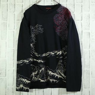 【おしゃれコーデ】和柄ロンT 花柄 錦鯉 荒波 刺しゅうデザイン ブラック L(Tシャツ/カットソー(半袖/袖なし))