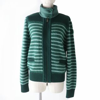 モンクレール(MONCLER)の美品☆国内正規品 MONCLER モンクレール 22年 ボーダー柄 モヘア混 ニット切替デザイン ZIP UP ダウンジャケット グリーン S(ダウンジャケット)