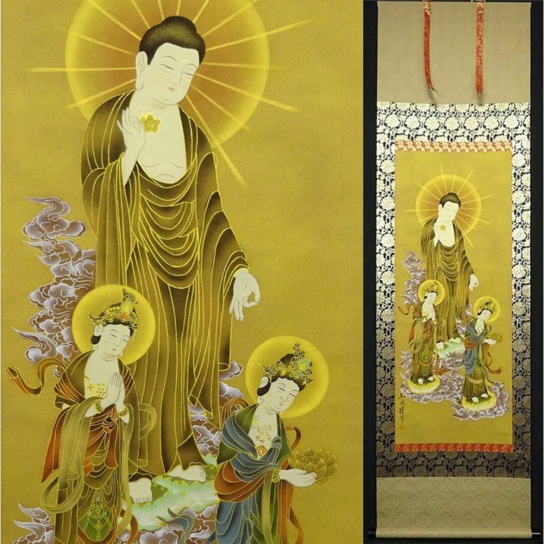 掛軸 高橋如水『三尊仏図』佛画 絹本 肉筆 共箱付 掛け軸 掛軸 高橋如水『三尊仏図』佛画 絹本 肉筆 共箱付 掛け軸