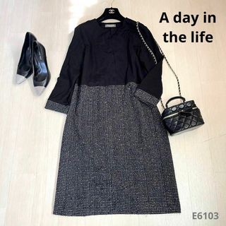 アデイインザライフ(a day in the life)のA day in the life 切り替えツイードワンピース　キーネック(ひざ丈ワンピース)