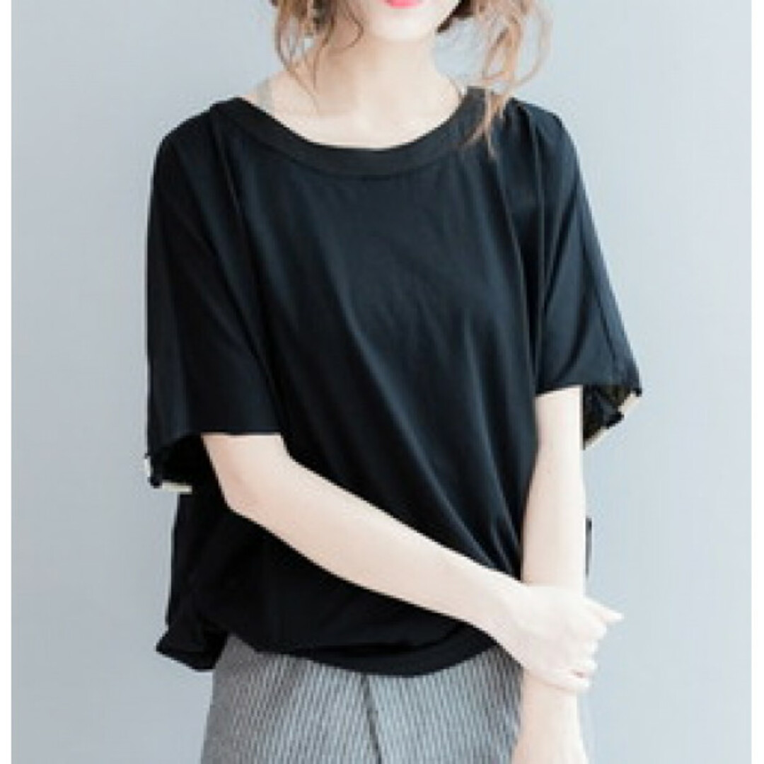 バックライン ボーダー ドルマンシャツ シャツ 半袖 ブラック レディースのトップス(Tシャツ(長袖/七分))の商品写真