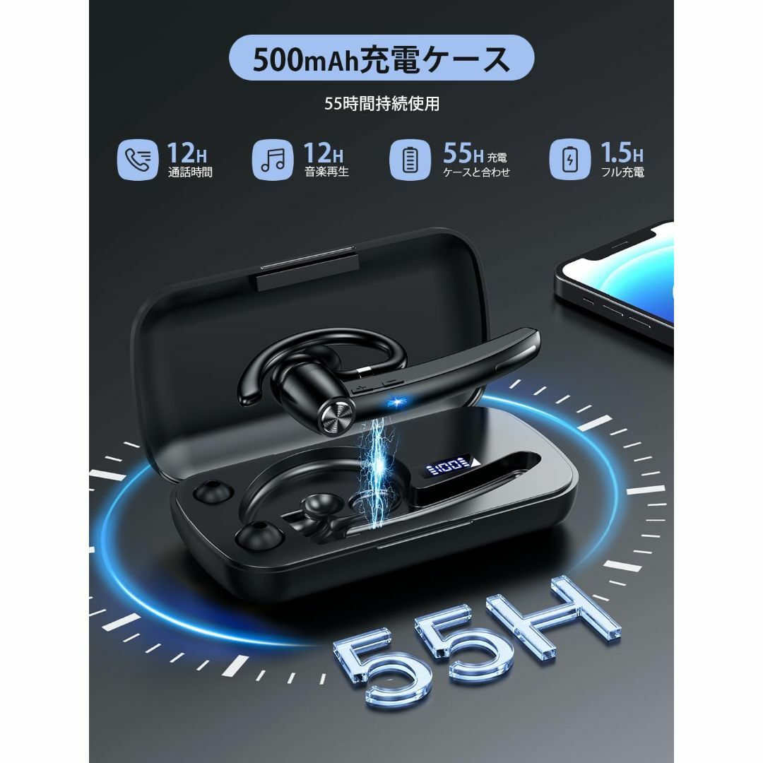 【BT5.3】Bluetooth ヘッドセット ワイヤレスイヤホン 500mAh スマホ/家電/カメラのオーディオ機器(ヘッドフォン/イヤフォン)の商品写真
