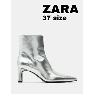ザラ(ZARA)のZARA　ハイヒール メタリック レザー アンクルブーツ　37サイズ　シルバー(ブーツ)