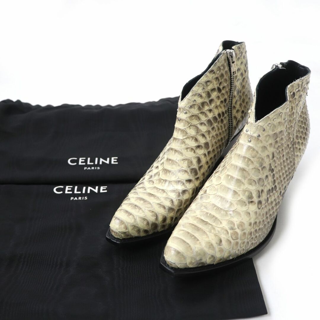 celine(セリーヌ)の極美品☆CELINE セリーヌ エディ期 308B93 スタッズ付 サイドZIP パイソンレザー ショートブーツ ベージュ 37 レディース 保存袋付き レディースの靴/シューズ(ブーツ)の商品写真