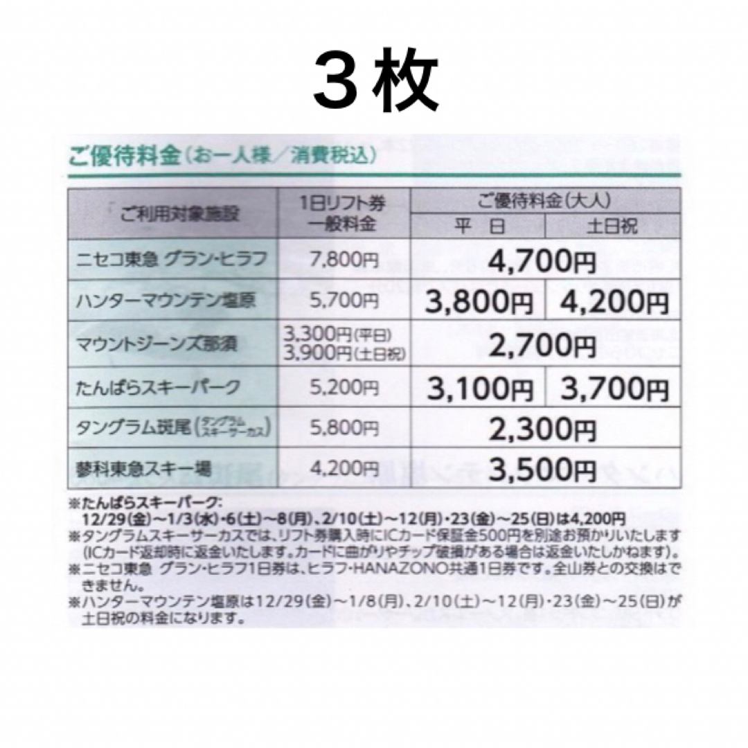 3枚⛷ハンタマ,ニセコ,マウントジーンズ.たんばらリフト割引券 チケットの施設利用券(スキー場)の商品写真