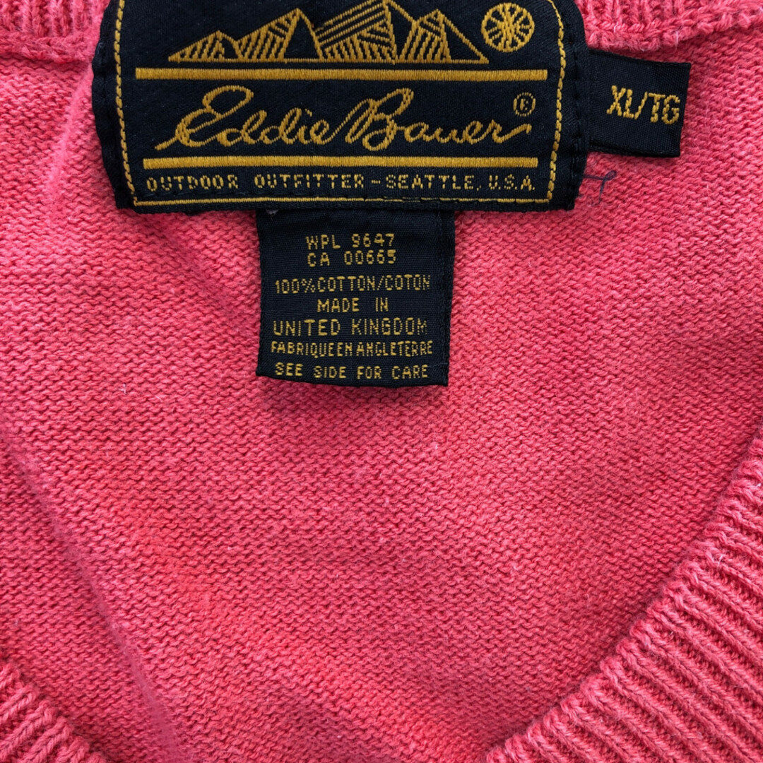 Eddie Bauer(エディーバウアー)の90年代 イギリス製 Eddie Bauer エディーバウアー コットン Vネック セーター トップス アウトドア ピンク (メンズ XL) 中古 古着 P7814 メンズのトップス(ニット/セーター)の商品写真
