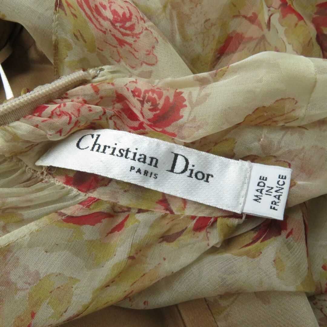 Christian Dior(クリスチャンディオール)の極美品★正規 クリスチャンディオール 0A21680C1130 花柄 シルク切替 ロゴシェルボタン付 ドッキングワンピース 40 ベージュ×マルチ 仏製 レディースのワンピース(ひざ丈ワンピース)の商品写真