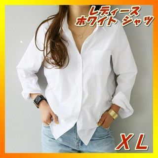 XL 体型カバー ブラウス 白 長袖 Yシャツ 透け感 シャツ 長め(シャツ/ブラウス(長袖/七分))