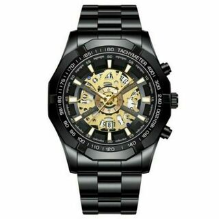 BINBOND ラグジュアリー スケルトン ステンレス メンズ 腕時計 黒(腕時計(アナログ))