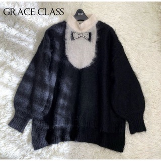 グレースクラス(Grace Class)のグレースクラス モヘヤ 蝶タイ リボン ビジュー ニット セーター ふわふわ 黒(ニット/セーター)