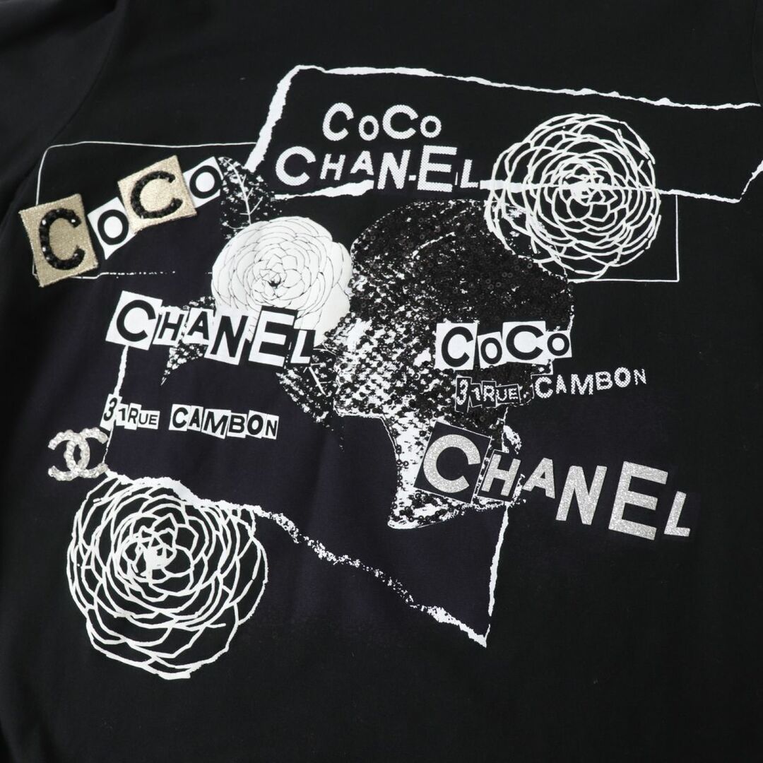 CHANEL(シャネル)の美品◎正規品 イタリア製 CHANEL シャネル 20SS P63300 レディース カメリア×ロゴデザイン ロングスリーブ Tシャツ ブラック×ホワイト M レディースのトップス(Tシャツ(長袖/七分))の商品写真