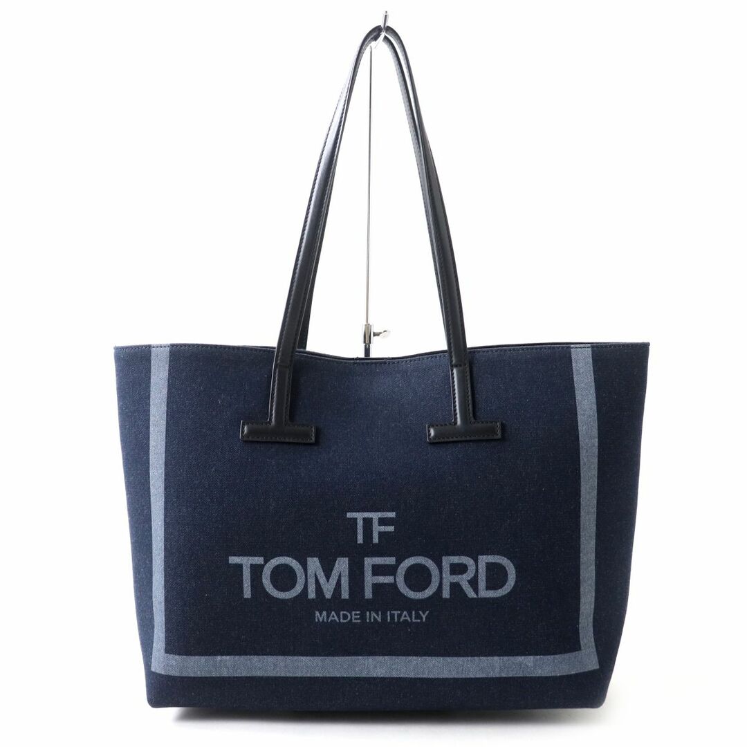 TOM FORD(トムフォード)の極美品◎イタリア製 Tom Ford トムフォード DENIM T TOTE ロゴ デニム ショッパー トートバッグ ダークブルー×ブラック 保管袋・タグ付き レディースのバッグ(トートバッグ)の商品写真