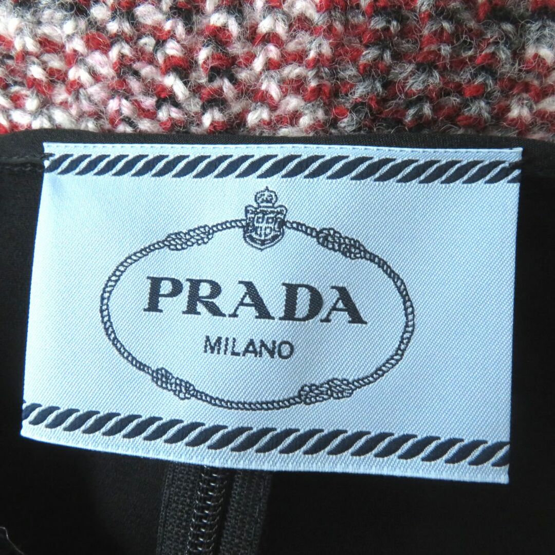 PRADA(プラダ)の美品◎正規 21年 伊製 PRADA プラダ レディース レーヨン×ニット 異素材 切替 Vネック シースルー 長袖 ロングワンピース 黒×マルチ 36 レディースのワンピース(ロングワンピース/マキシワンピース)の商品写真