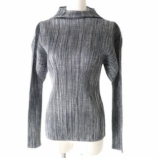 プリーツプリーズイッセイミヤケ(PLEATS PLEASE ISSEY MIYAKE)の極美◎正規品 日本製 PLEATS PLEASE プリーツプリーズ PP71-JK704 レディース プリーツ ハイネック 長袖 カットソー ブラック×ホワイト 3(カットソー(長袖/七分))