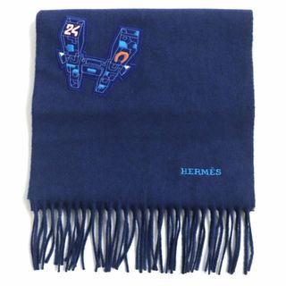 エルメス(Hermes)の極美品▼2021年12月購入  エルメス ハロー・ミスター・ファリエール ロボット ロゴ刺繍入 カシミヤ100% フリンジ マフラー 紺 英製 箱付(マフラー)