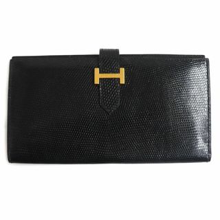 エルメス(Hermes)の美品▼HERMES エルメス ヴィンテージ ベアン クラシック リザードレザー ウォレット/2つ折り長財布 黒 ゴールド金具 仏製 〇Y刻印 箱・袋付　p04-st30323-697(財布)