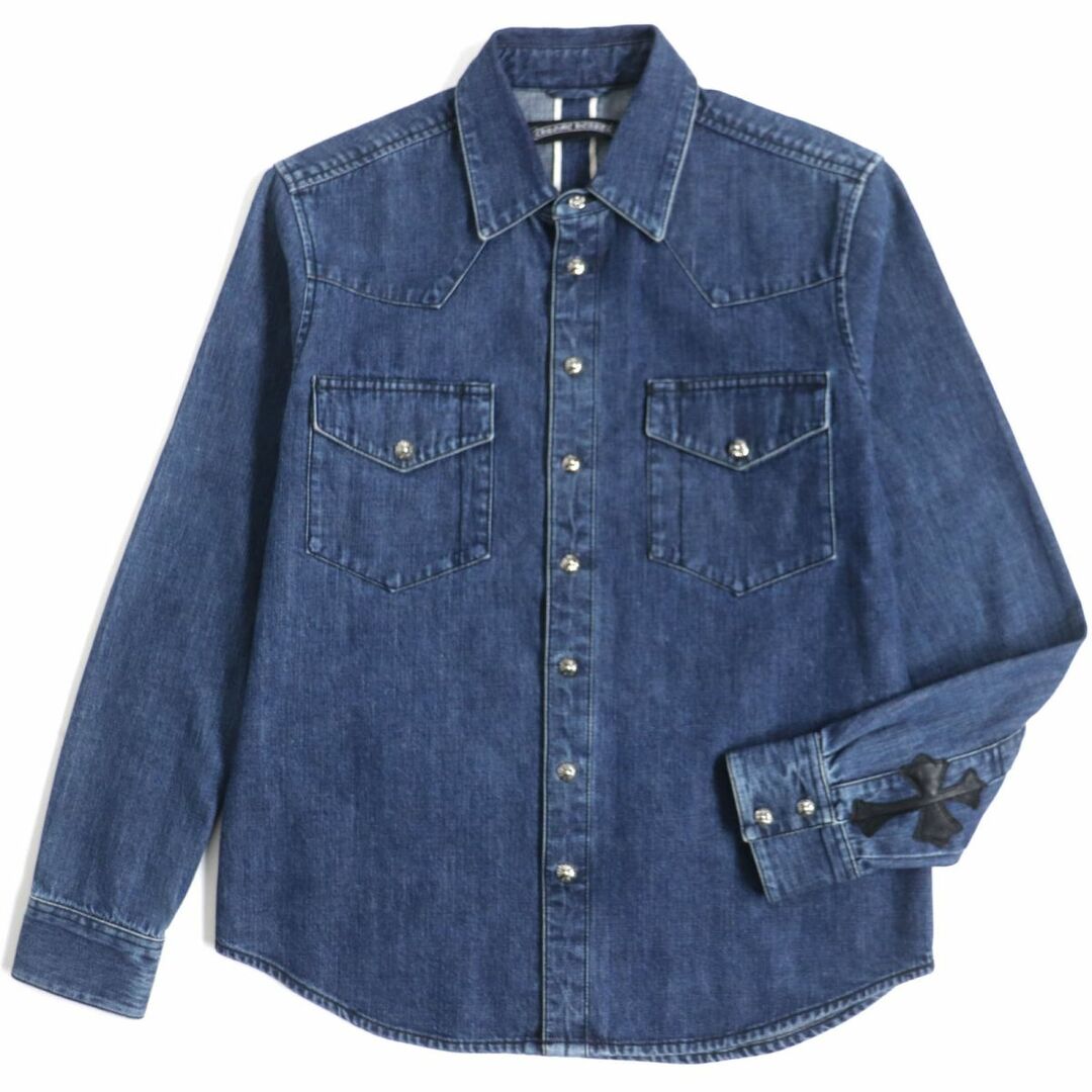 Chrome Hearts(クロムハーツ)の美品▼クロムハーツ DENIM WESTERN 袖口クロスレザーパッチ クロスボタン 長袖デニムシャツ インディゴ SM メンズ USA製 JVPタグ付 正規品 メンズのトップス(シャツ)の商品写真