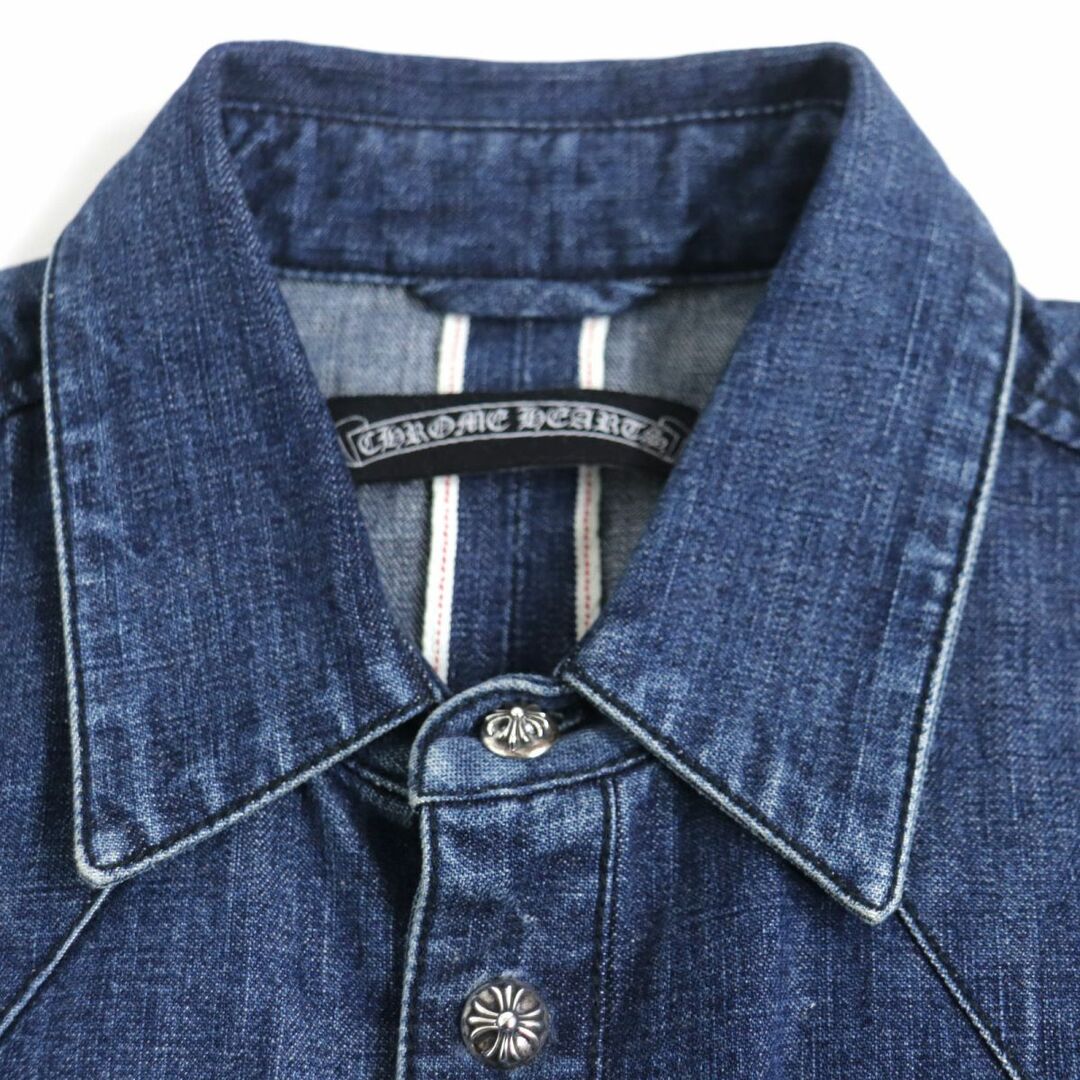 Chrome Hearts(クロムハーツ)の美品▼クロムハーツ DENIM WESTERN 袖口クロスレザーパッチ クロスボタン 長袖デニムシャツ インディゴ SM メンズ USA製 JVPタグ付 正規品 メンズのトップス(シャツ)の商品写真