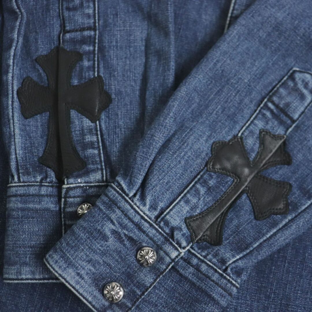 Chrome Hearts(クロムハーツ)の美品▼クロムハーツ DENIM WESTERN 袖口クロスレザーパッチ クロスボタン 長袖デニムシャツ インディゴ SM メンズ USA製 JVPタグ付 正規品 メンズのトップス(シャツ)の商品写真