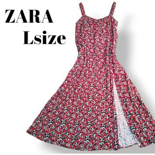 ザラ(ZARA)のZARA　ザラ　フラワープリントロングワンピース　Lサイズ　花柄　赤　袖なし(ロングワンピース/マキシワンピース)