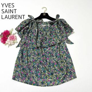 イヴサンローラン(Yves Saint Laurent)のYVES SAINT LAURENT オフショルダー 半袖 フレア リボン 花柄(シャツ/ブラウス(半袖/袖なし))